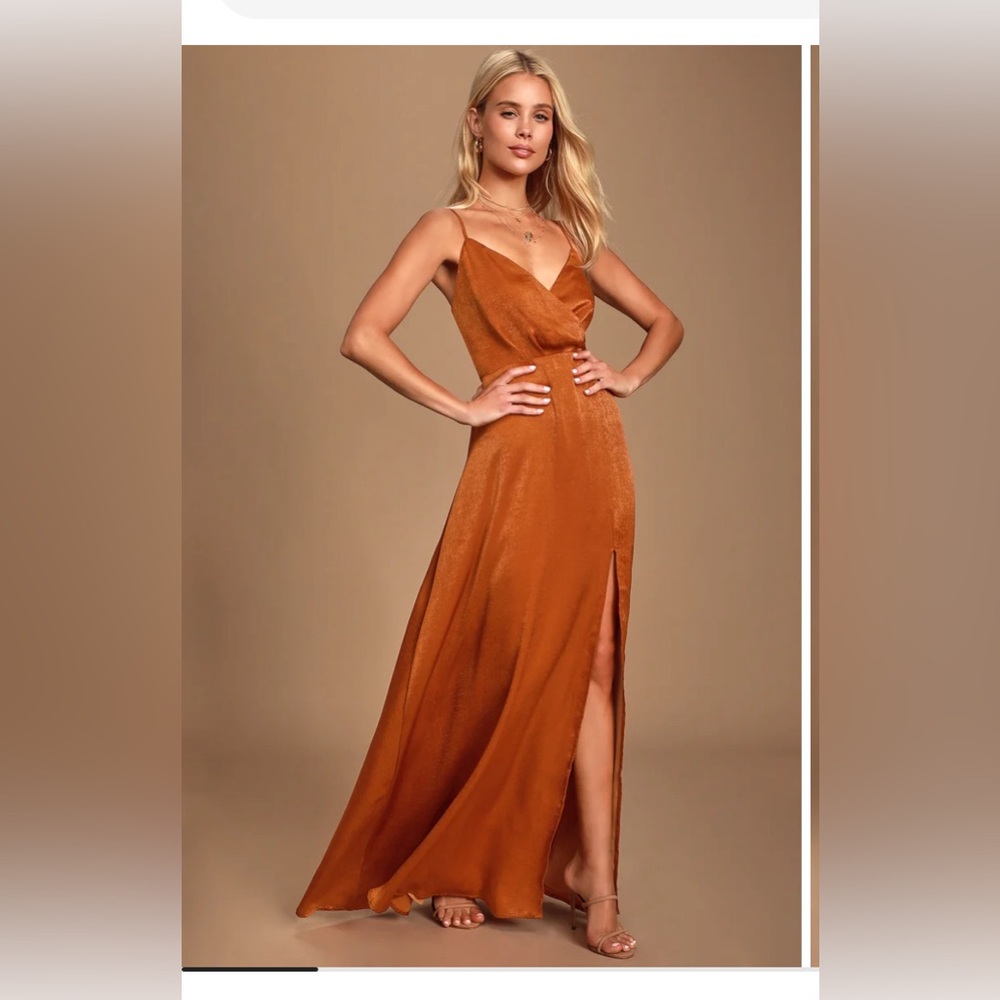 Lulu’s Constantine Rust Orange Satin Maxi Dress